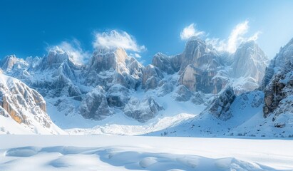 Wall Mural - A breathtaking mountain landscape with towering peaks blanketed in snow, a clear blue sky, and a pristine snowfield in the foreground