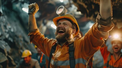 The triumphant bearded miner rejoices over finding a huge gold nugget.