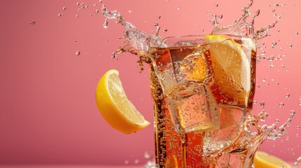 Wall Mural - Glass of iced tea with ice and lemon, dynamic splash captured on pink backdrop