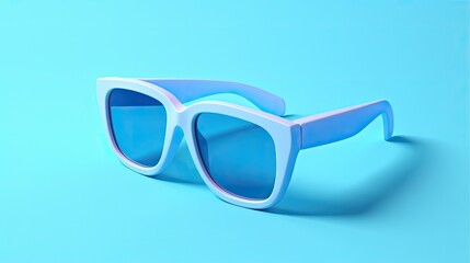 Wall Mural - Light blue plastic sunglasses on a blue background. 3d rendering.