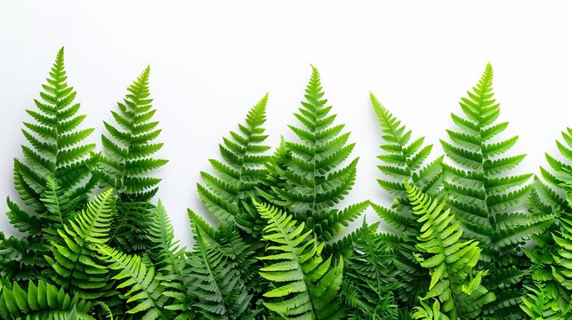 Vibrant green ferns isolated on a white background, creating an elegant and fresh natural design element suitable for various creative projects.