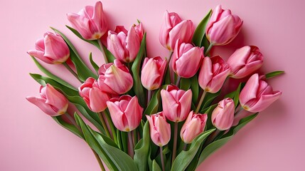Wall Mural - Pink tulips arranged in a heart shape on a pink background, romantic and festive
