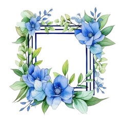 Wall Mural - Image of floral frame with blue flowers and leaves on a white background. AIG35.