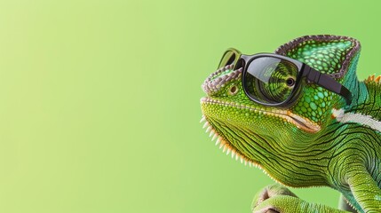 Wall Mural - Chameleon in Sunglasses Against Green Background