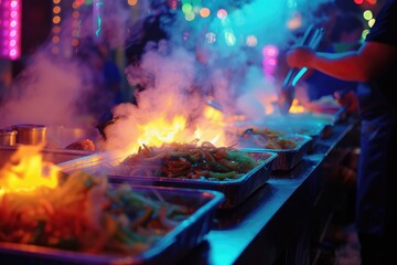 Wall Mural - Hot grilled food placed on food stall at night market at neon light. AIG42.