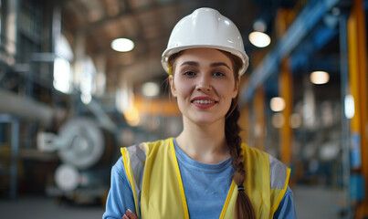 a smiling, beautiful young woman engineer in a white helmet and blue t-shirt with a yellow vest