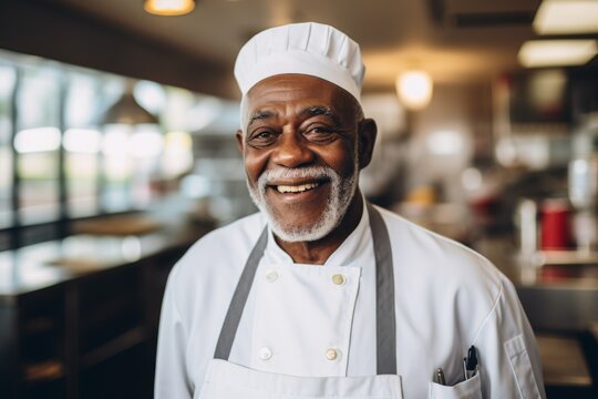 Smiling portrait of a senior male chef in commercial kitchen