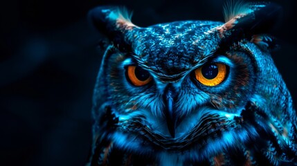 Closeup of a Great Horned Owl with Glowing Eyes