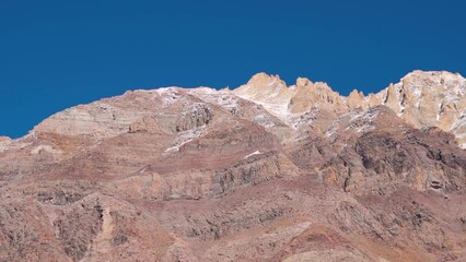 Wall Mural - Snowy Himalayan mountain range as seen from Chandra Taal Lake in Spiti Valley, Himachal Pradesh, India. Snow covered Himalayan mountain peaks as seen from the glacial Chandratal lake in Spiti at Noon.