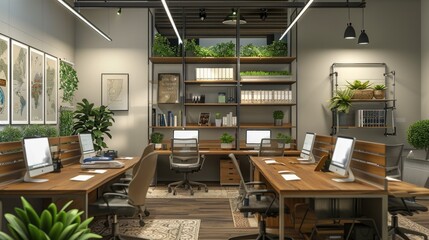 Wall Mural - Background image of cozy office space with desks, bookshelves, plant. AIGT2.
