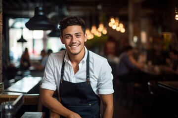 Wall Mural - Smiling portrait of a young waiter in the restaurant