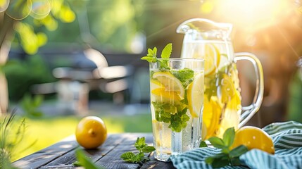 Sticker - Lemonade with Fresh Mint: A glass pitcher and glasses filled with lemonade garnished with sprigs of fresh mint