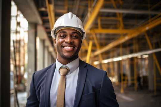 Smiling portrait construction engineer wearing hard hat at building site