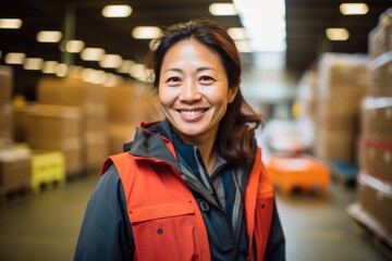 Sticker - Smiling portrait of middle aged female warehouse worker