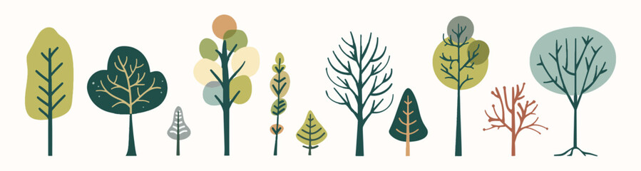tree collection hand drawn flat design element. botanical set of bare trees and ones with leaves and