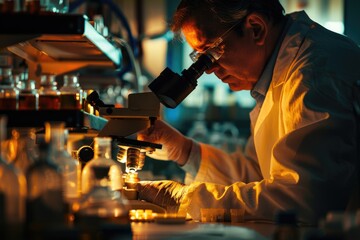 Poster - A scientist is utilizing a microscope for conducting research in a laboratory environment AIG58