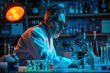 Poster - Scientist is examining samples using an advanced microscope in a modern laboratory AIG58