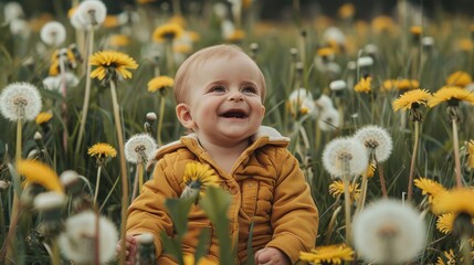 Wall Mural - Cute little baby in wild flower field in Spring.