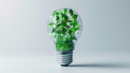 Eco-friendly green light bulb adorned with leaves, depicted in a photo-realistic style that embodies global imagery and sustainable design. The detailed foliage contrasts against a white background.