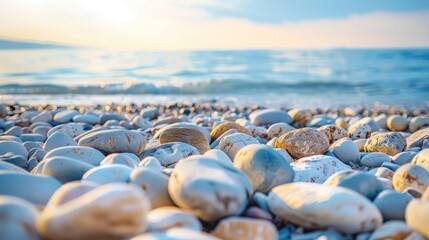 Poster - Beach made of stones with a backdrop of a clear sky and ocean