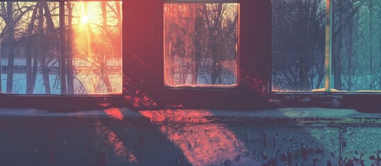 Poster - Halftone with lines of winter sunset through a windows. with copy space image. Place for adding text or design