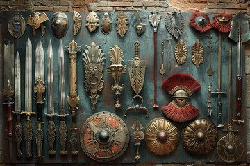 Wall Mural - Journey back in time with a glimpse of the Roman Empire military arsenal showcasing a diverse array of ancient weapons and armor used by legionnaires in battles across ancient Rome.