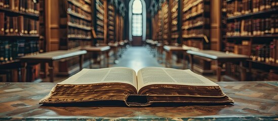 Poster - Book in library with old open textbook, stack piles of literature text archive on reading desk, and aisle of bookshelves in school study class room background for academic education learning concept