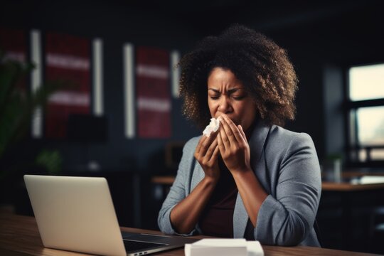 Sick middle aged businesswoman blowing nose at office desk
