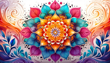 Poster - colorful floral mandala design with bright hues and intricate patterns. festival greeting card and b