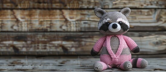 Handmade knitted toy. Amigurumi. Raccoon toy in the gentle pink jumpsuit on the wooden background. Crochet stuffed animals. Copy space image. Place for adding text or design