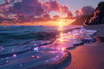 Wall Mural - A beach at sunset with bioluminescent waves, creating a mesmerizing and serene landscape AIG59