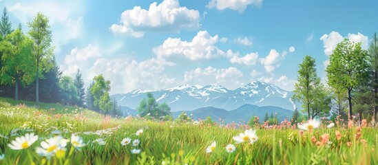 Aufkleber - Grass Landscape with Sky Trees Clouds Flowers and Mountains. Copy space image. Place for adding text or design