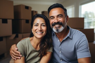 Wall Mural - Portrait of a smiling middle aged Hispanic couple in new home