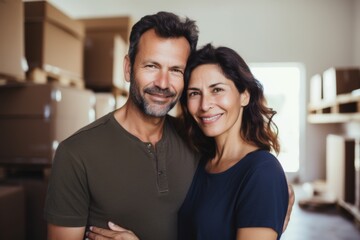 Wall Mural - Portrait of a smiling middle aged Hispanic couple in new home