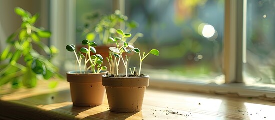 Wall Mural - Indoor seedlings on a windowsill. The green sprouts are growing in small pots with soil and are illuminated by natural light. This image evokes the feelings of spring and new beginnings