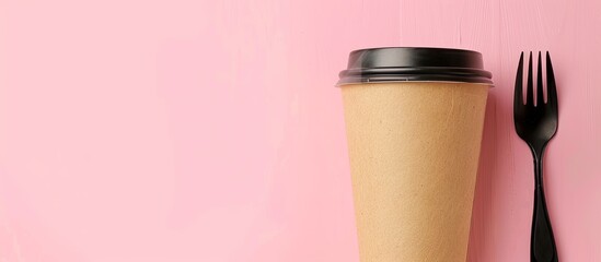 Aufkleber - Paper cup for coffee and disposable fork with a knife in a cardboard case on a pink background. with copy space image. Place for adding text or design