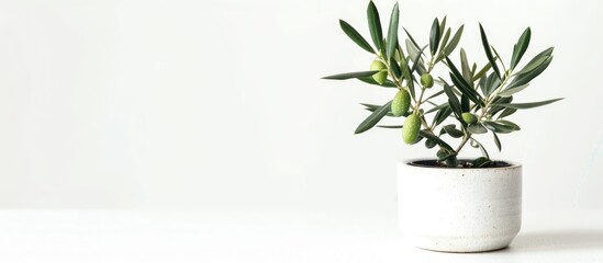 Wall Mural - Small Olea europaea olive plant in white ceramic pot isolated background. with copy space image. Place for adding text or design