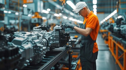 Wall Mural - A man is working on a engine in a factory AIG41