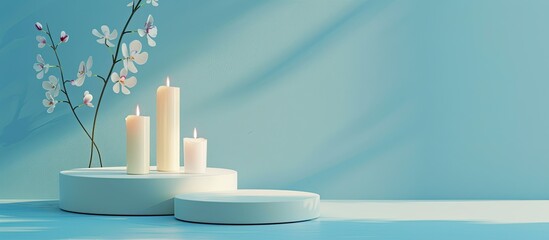 Poster - Holders with candles and decorative podium on blue background. with copy space image. Place for adding text or design