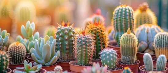 Fototapete - Cacti, famous dessert plant for house in many type and shape with it needle as leaf. Variety cactus in pot and garden easy to let them stay inside home. Succulent plant grow dry area