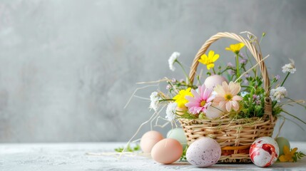 Wall Mural - beautiful eastern eggs on table with flowers