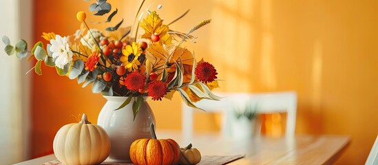 Aufkleber - Beautiful table setting and vase with autumn decor near color wall, closeup. with copy space image. Place for adding text or design