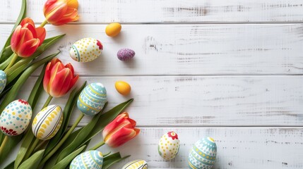 Wall Mural - beautiful easter eggs with colorful patterns decoration on wooden table