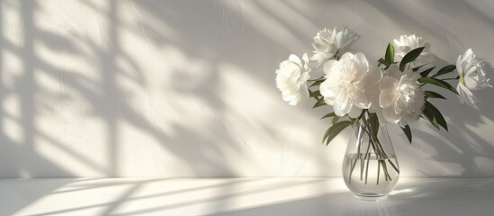 Aufkleber - white peonies in a vase on a white vintage table and beautiful shadows on the wall - copy space