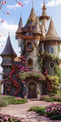 Wall Mural - A fairytale castle set in a lush green landscape, blending fantasy and historical architecture.