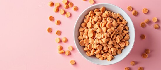 Leinwandbilder - A Bowl of Gourmet Butterscotch Baking Chips pastel background. with copy space image. Place for adding text or design