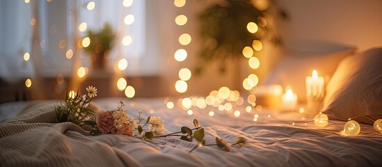 Poster - Beautiful glowing garland lying on bed and burning in twilight. with copy space image. Place for adding text or design