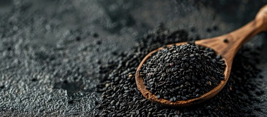 Leinwandbilder - Close-up black sesame seeds in wooden spoon on black sesame seeds background macro shot, organic food concept. Copy space image. Place for adding text or design
