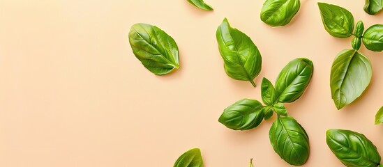 Poster - Closeup view of the fresh leaves of basil pastel background. with copy space image. Place for adding text or design