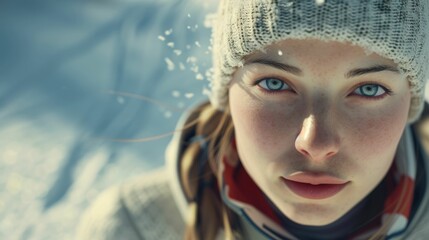 Wall Mural - The close up picture of a person looking at camera with snow background. AIG43.